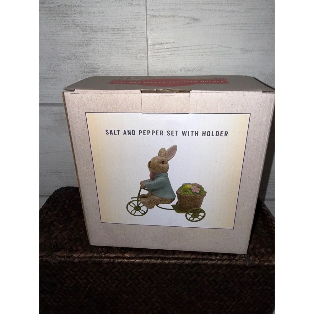 Cracker Barrel Easter Bunny on Tricycle Salt and Pepper Shaker Set with‎ Holder